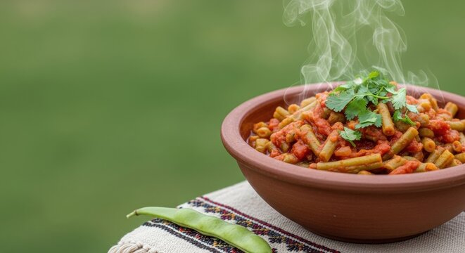 Ethiopian Fasolia Green Bean Stew with Left Green Copy Space and Fresh Garnish