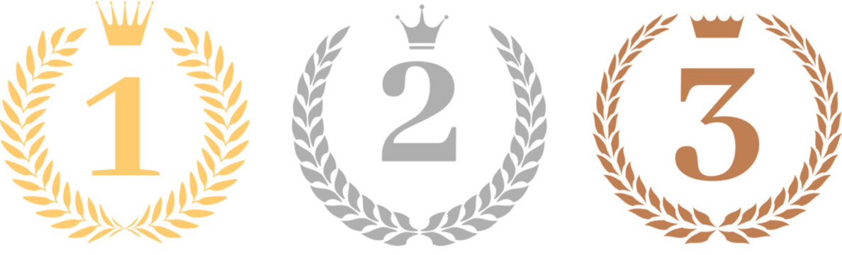王冠と月桂冠で飾られた1位2位3位のランキングアイコンセット｜ゴールド・シルバー・ブロンズの表彰デザイン素材・コンテストや成績発表に使えるフラットベクターイラスト