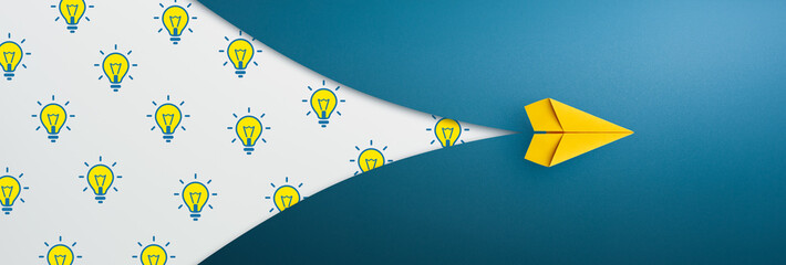 Yellow paper plane with lightbulb icon, Creative idea. Concept of idea, innovation and Inspiration