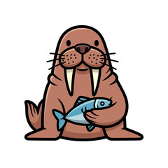 Cartoon walrus holding a blue fish in its flippers against a clean white background with a playful mood. © Lumina