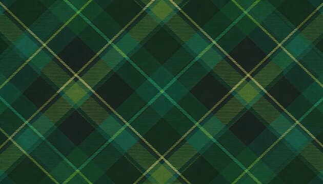 Dark green tartan plaid pattern with yellow and lighter green accents, seamless texture