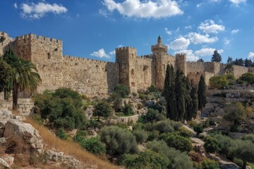 Obraz premium Ancient city walls with battlements and turrets, against a vibrant blue sky