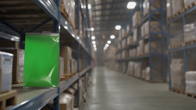 Warehouse storage facility with shelved boxes and packages viewed from a corridor perspective.