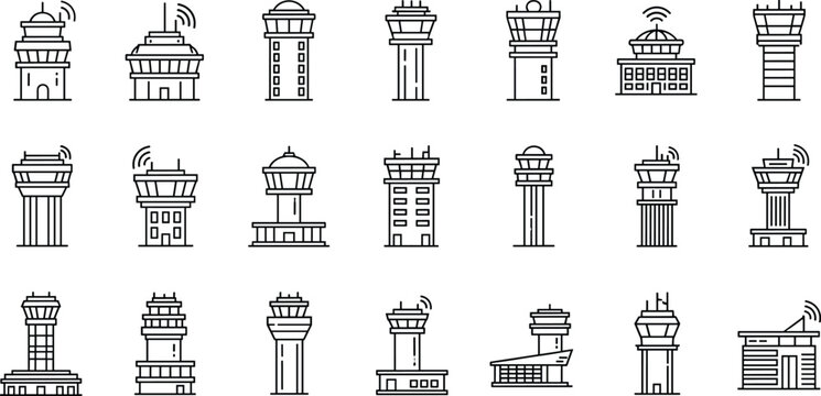 Airport control tower icon set. Modern aviation radar buildings collection. Air traffic management line art vector isolated on white background.