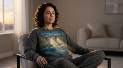 Woman wearing a sweater with a dam and stormy water graphic, relaxing indoors