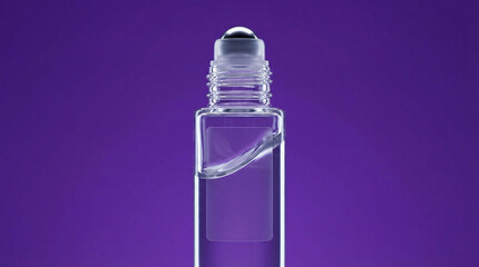 Clear glass rollerball bottle with clear liquid and metal ball on purple background