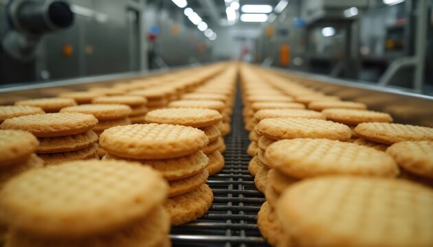 Stack of round cookies move on metal conveyor belt in automated food factory. Sweet baked goods travel along production line for packaging and distribution. Industrial bakery operations.