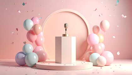 Elegant Pink Podium with Balloons and Microphone for Celebration.