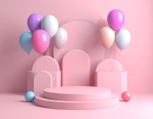 Elegant Pink Podium with Balloons for Product Display and Celebrations.