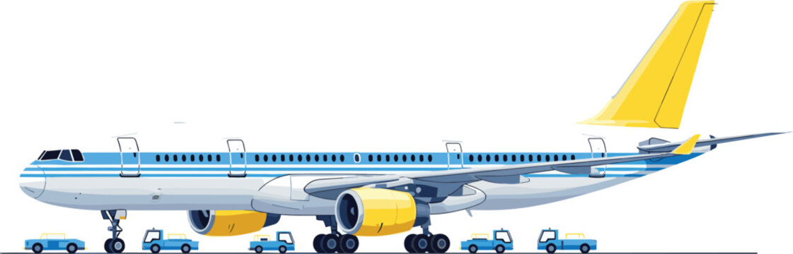 Commercial passenger airplane with airport ground service vehicles. Jet aircraft side view with yellow tail and engines. Aviation transport vector illustration isolated on white background.
