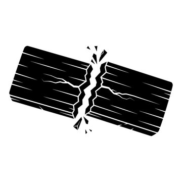 Black and white vector illustration of a broken wooden board with splinters flying off.