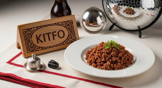 Traditional Ethiopian Kitfo Minced Beef with Spiced Butter on White Plate and Shemma