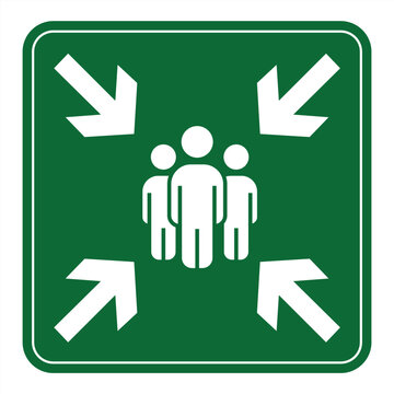 Green assembly point sign icon with white arrow and image. Vector illustration