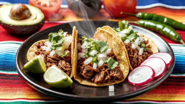 Steaming traditional Mexican tacos with fresh ingredients on colorful background