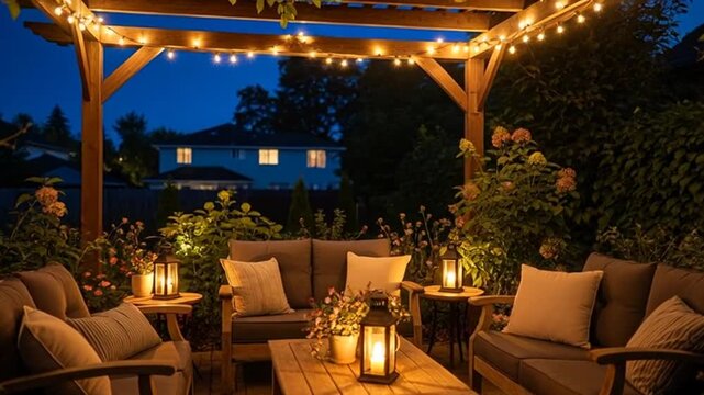 Cozy backyard patio at night with string lights and candles