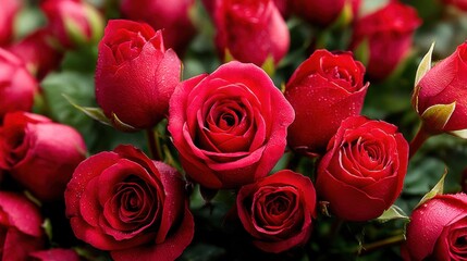 Obraz premium Beautiful bouquet of fresh red roses with dew drops in a garden setting during spring morning light