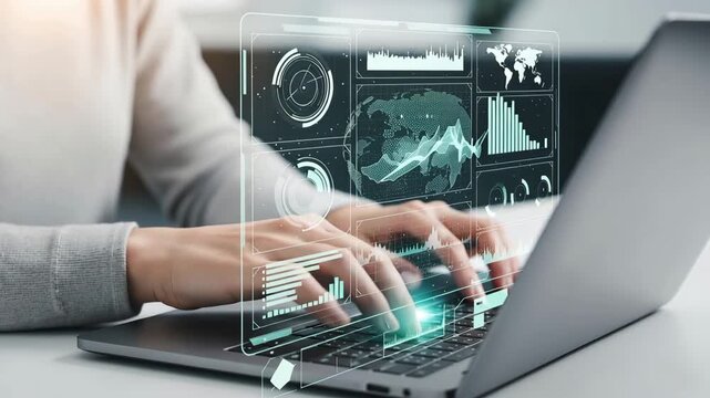 Person uses futuristic holographic interface for data analysis on laptop motion graphics