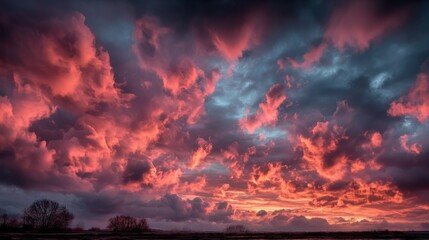 Obraz premium Vibrant pink and blue clouds during sunset over a serene landscape near the water