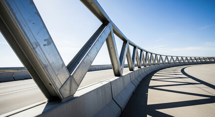 Modern bridge railing with geometric design and clear blue sky  