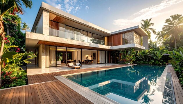 A stunning modern tropical villa with expansive glass walls overlooks a shimmering infinity pool, reflecting warm sunset hues. Lush palms, sleek wood decks, open terraces create a serene luxury escape
