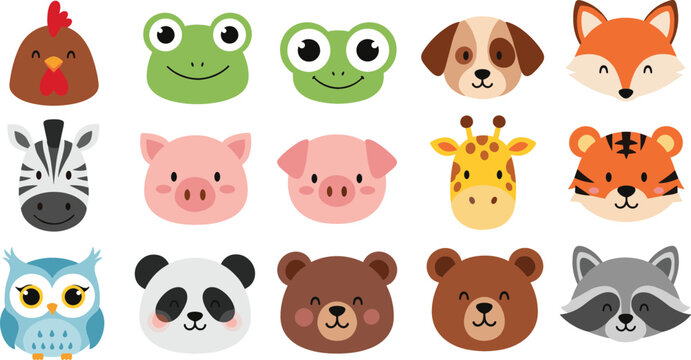 Cute Animal Face Vector Set with Farm and Wild Cartoon Characters Including Frog, Pig, Bear, Fox, Tiger, Panda, Owl, and Giraffe