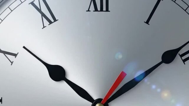 A classic silver clock face with Roman numerals against a global network