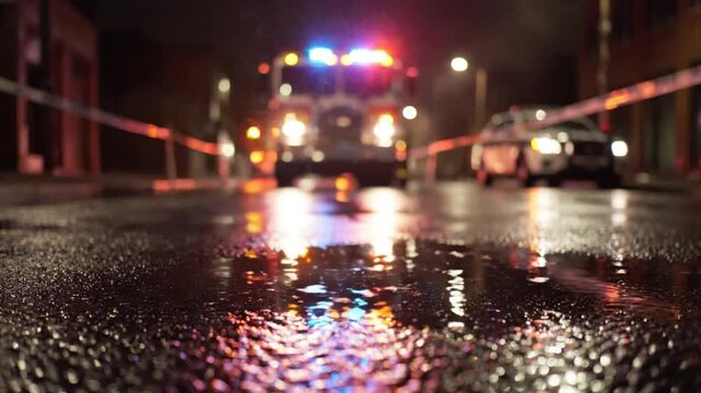 Rainy night scene with emergency vehicles on wet asphalt, illuminated by flashing lights, requesting immediate backup