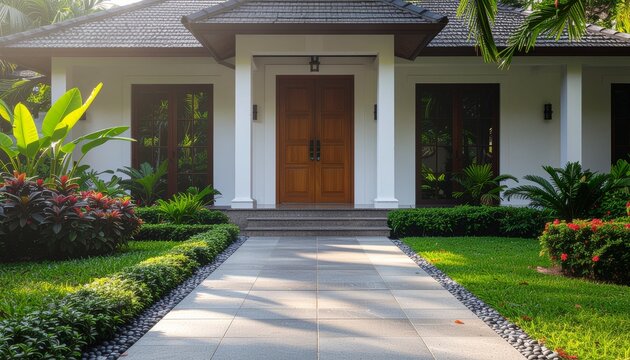 Inviting tropical entrance framed by lush greenery and vibrant blooms. Sleek stone steps lead to a warm wooden door beneath a modern overhang, blending natural textures with contemporary elegance.