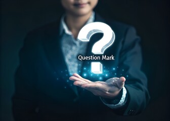 A person in a dark suit extending their hand, with a glowing digital question mark hovering above it. The dark background highlights the bright symbol and sparkles, giving the image a sense of mystery