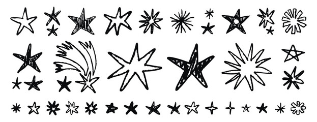 Set stars and meteorite doodle style drawn by hand. Grunge scrawls, charcoal scribbles, rough brush strokes, underline. Bold charcoal freehand stars. Crayon or marker scribbles, hand drawn. Suitable. © Yanka