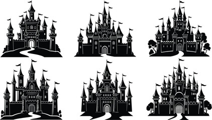Fototapeta premium Fantasy medieval castle silhouettes set with towers, flags and winding paths, fairy tale kingdom architecture, dark fortress illustrations, royal palace icons isolated on white background