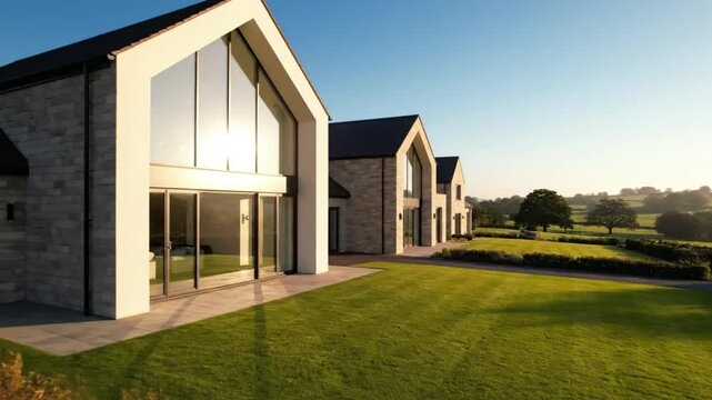 Luxurious Modern Homes with Lush Green Lawns and Stunning Rural Landscapes Under Blue Skies
