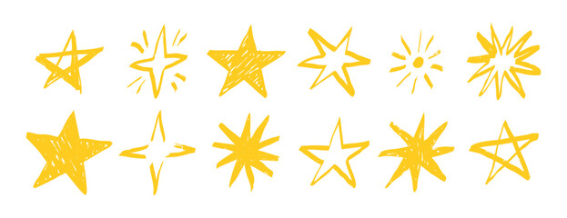 Yellow wax pencil stars set collection doodle hand drawn icon. Outline drawing star line clipart symbol. © Yanka