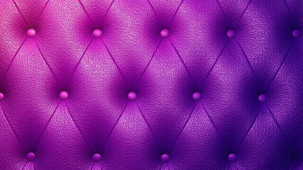 Fototapeta premium A luxurious, deep purple leather surface features a classic diamond-quilted pattern secured by matching buttons, finished with a sophisticated metallic sheen and rich, pebbled tactile texture