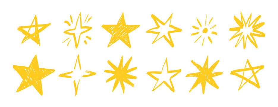 Yellow wax pencil stars set collection doodle hand drawn icon. Outline drawing star line clipart symbol.