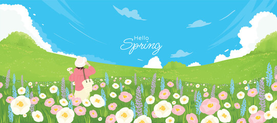 Spring and Summer landscape background vector set. Nature wallpaper of flower field with blue sky illustration for cover, wall art, decoration.