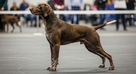 Labrador dog standing proudly at a dog show in an indoor setting  