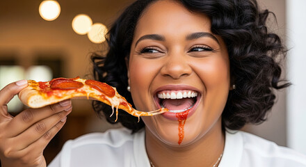 Smiling black woman enjoying pizza slice with cheese dripping  