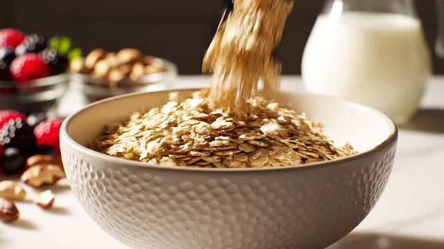 Close up of organic rolled oats cascading into a white ceramic bowl for a healthy breakfast preparation in soft light