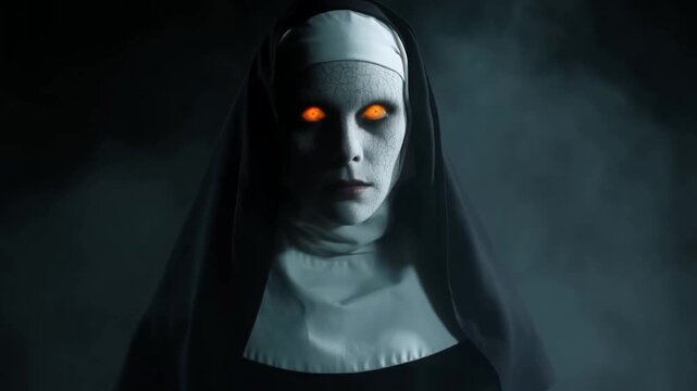 Mysterious nun in mist with glowing eyes approaches the camera in a dark atmosphere