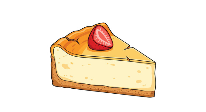 Delicious cartoon strawberry cheesecake slice, a creamy dessert illustration. Perfect for menus, recipe books, or sweet treat advertisements. A