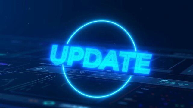 Futuristic neon update animation with glowing text and digital interface effects
