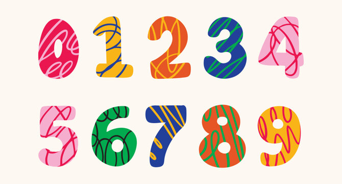 colorful kids numbers vector from 1 to 0 with doodle messy pattern lines. set, doodle hand drawn, for stickers, logos, branding, social media and printable.