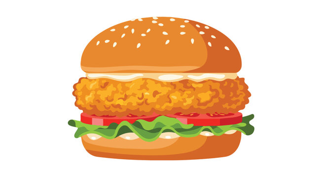 Crispy golden chicken sandwich illustration with fresh vegetables and creamy sauce on a toasted sesame bun perfect for fast food menus and vibrant