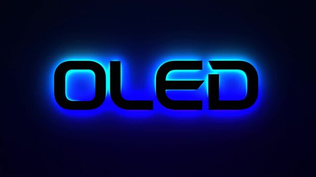 Dynamic transition of oled text with vibrant neon glow effects in dark setting