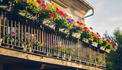 Fototapeta premium Charming house balcony adorned with multiple green flower boxes. Flourishing red, yellow, and purple geraniums grow along the wooden railing in the evening light.