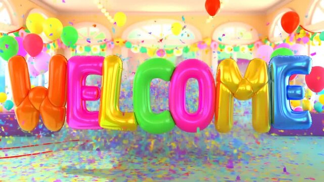 Colorful balloon letters burst with confetti celebration in cheerful party room