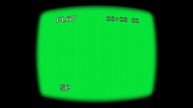 Retro analog VHS CRT television screen with green chroma key display, scanline texture, and vintage playback UI elements isolated on black background for video editing