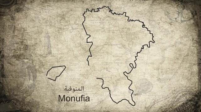 Monufia Governorate Egypt map drawn on a cartography background sheet of paper