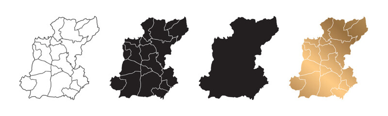 Obraz premium A map of Roi Et province in Thailand, featuring gold and black outlines against a white background. Suitable for websites, educational purposes, and tourism.